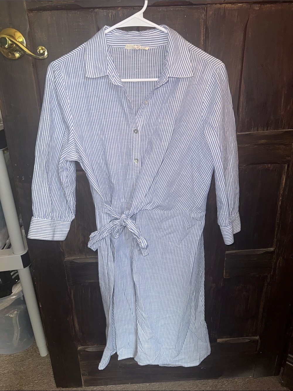 Striped Blue and White Tie-Waist Midi Shirt Dress - Picture 1 of 4